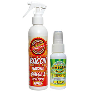 Bacon Spray Dog Food Topper 8 oz and Chicken Flavored Spray 2 oz Combo Deal