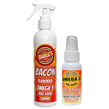 Load image into Gallery viewer, Bacon Spray Dog Food Topper 8 oz and Peanut Butter Spray 2 oz Combo Deal