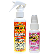 Load image into Gallery viewer, Bacon Spray 4 oz and Beef Burger 2 oz Dog Food Toppers and Flavor Enhancers