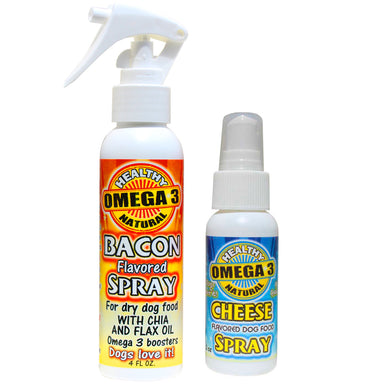 Bacon Spray 4 oz Dog Food Topper and 2 oz Cheese Flavored Spray Combo Deal